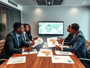 Business executives reviewing African expansion strategy documents in a modern office setting
