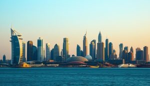Panoramic skyline view of Dubai, Abu Dhabi, and Sharjah showcasing the top markets for expanding into UAE 2026
