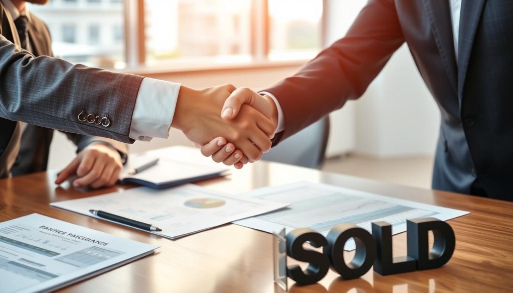 Business acquisition meeting with handshake between buyer and seller