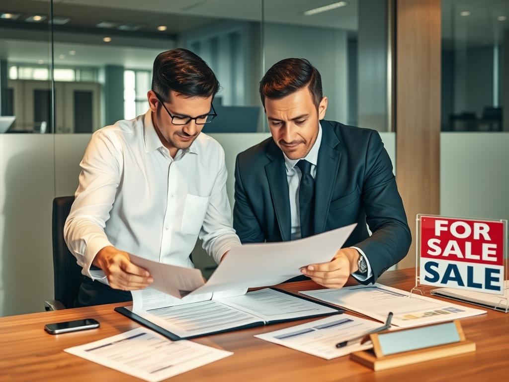 Business professionals discussing company acquisition documents